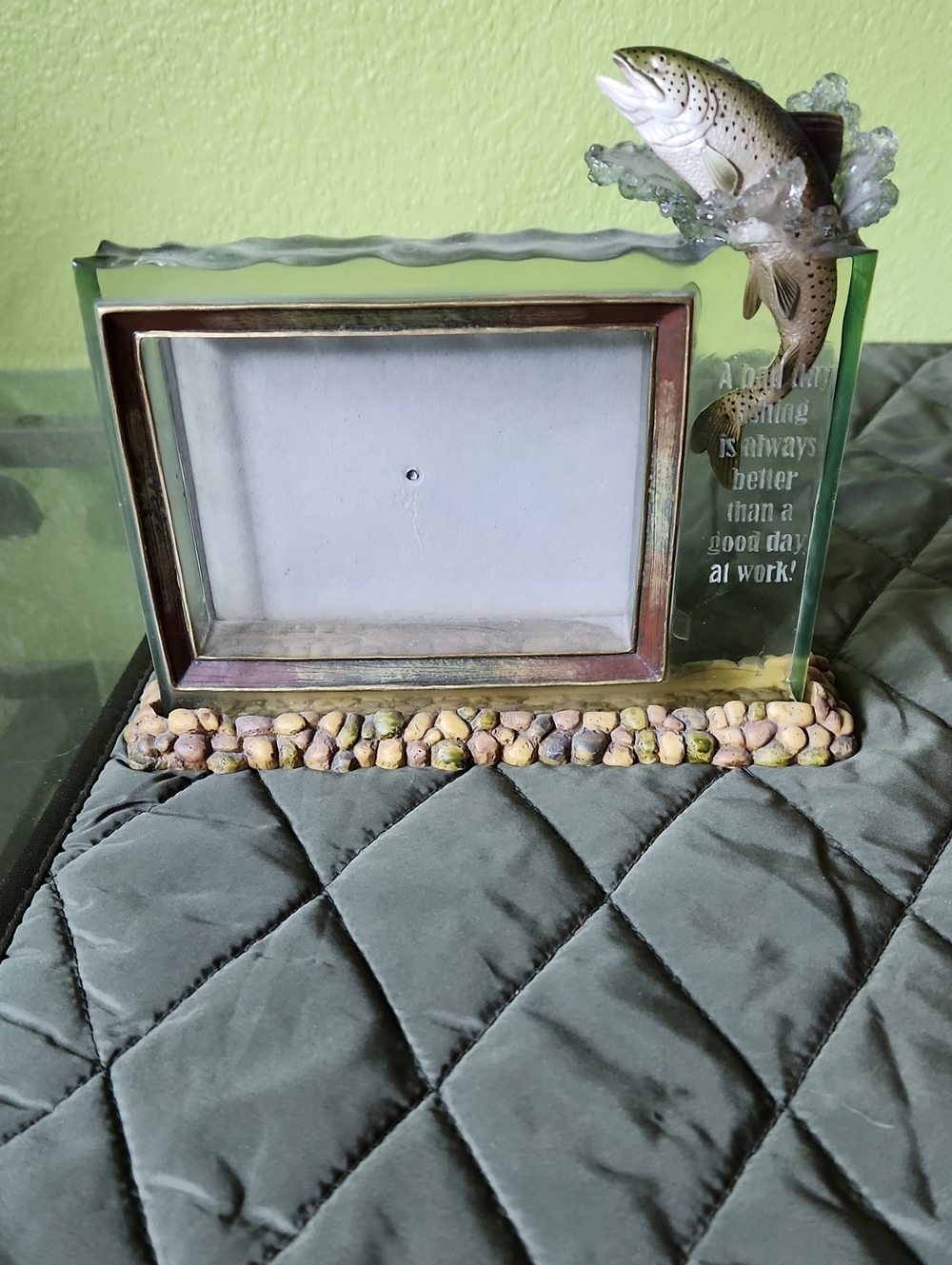 Glass Fishing Photo Frame with Decorative Trout - Green